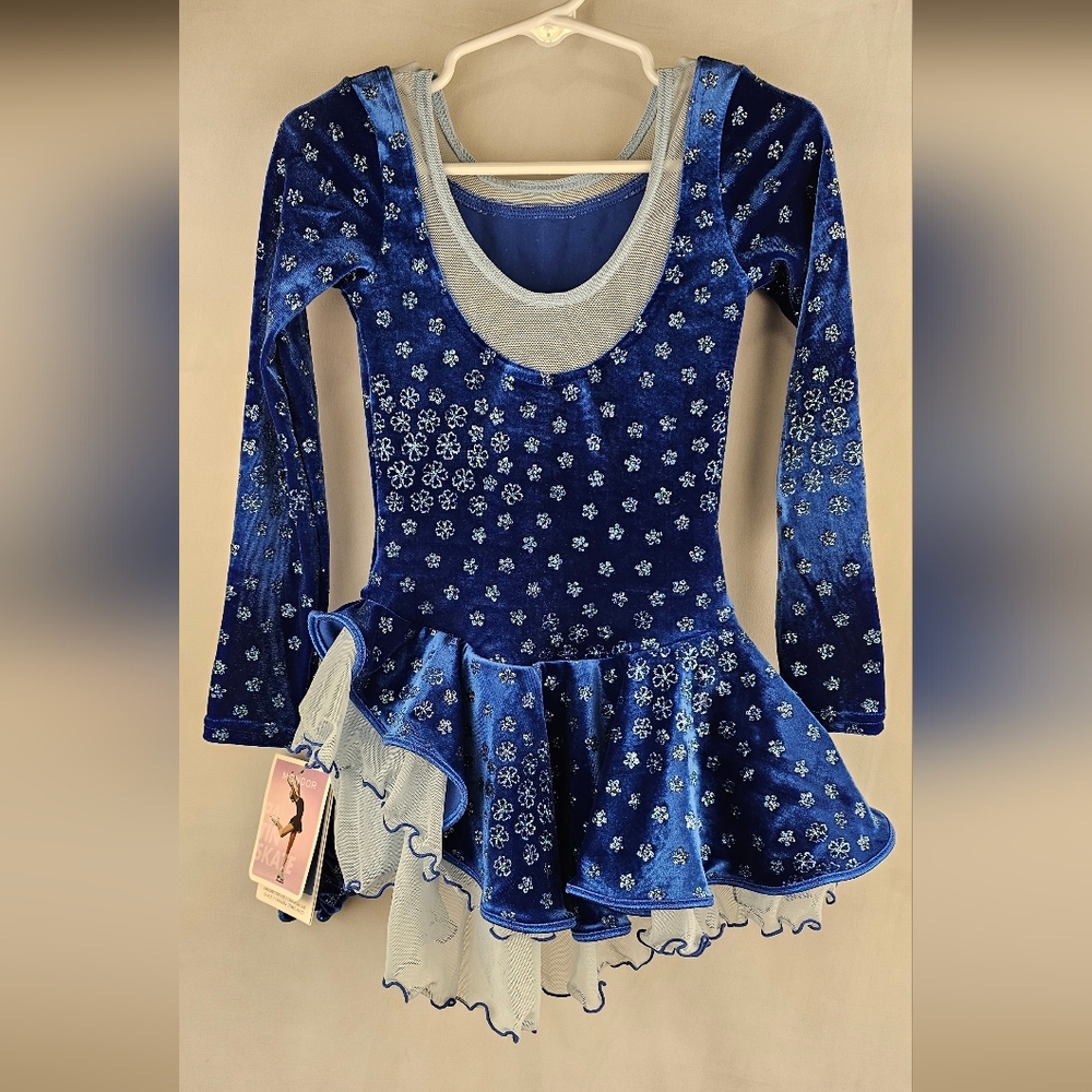 NWT Blue Youth Size 4-6 Skating Dress Tulle Sparkly Floral Scrunchy